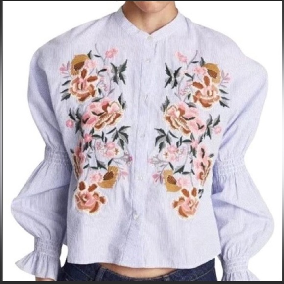Zara Floral Embroidered Striped Button Down Cropped Shirt Size Large Casual - Picture 1 of 10